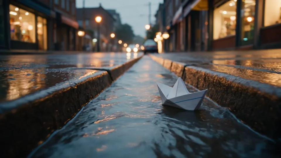 The last frame of scene 1: the paper boat drifting away down a rain-filled gutter at dusk.