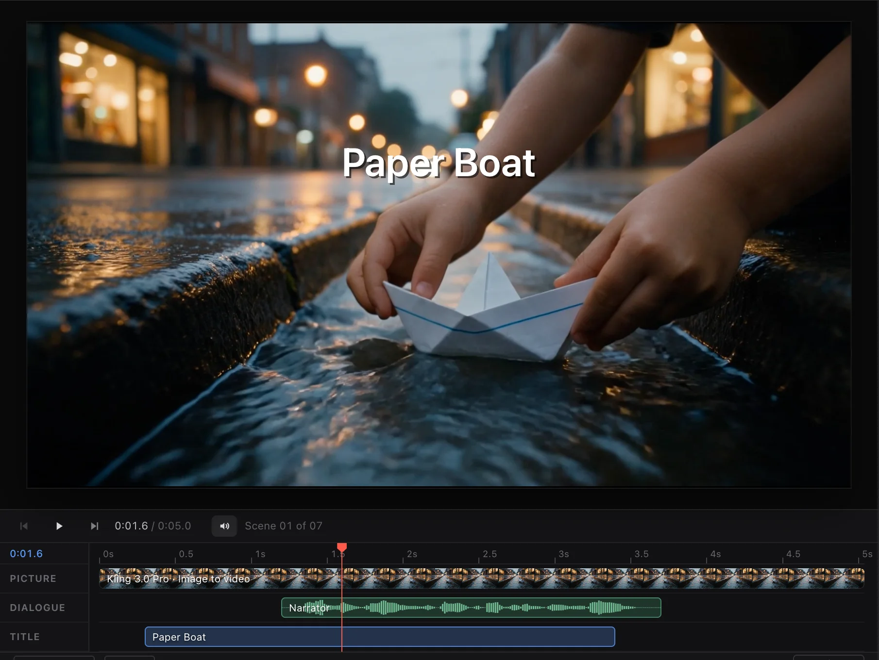 Scene 1 with the title Paper Boat over the picture, and its picture, narrator and title lanes on the scene timeline.
