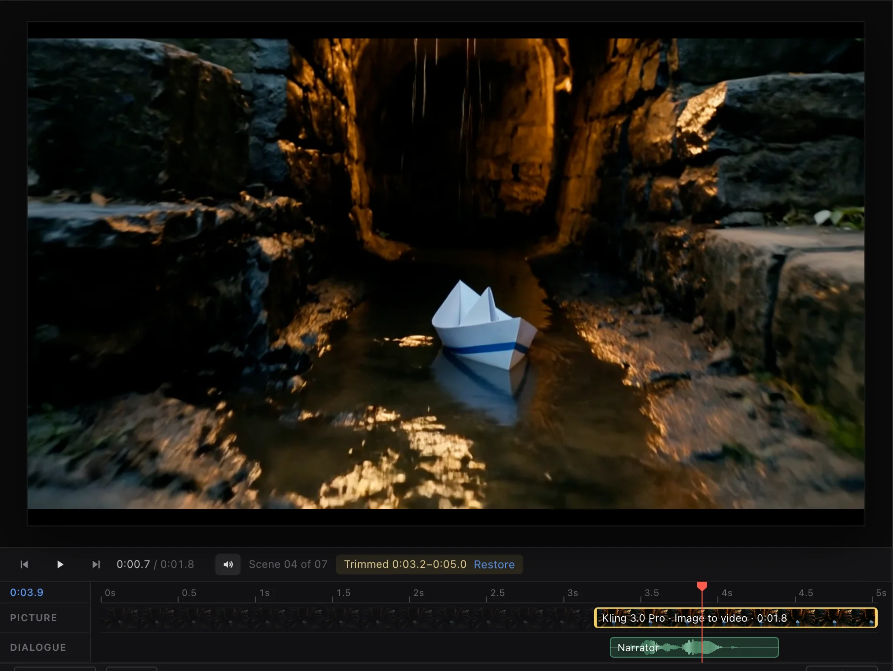 Scene 4 trimmed to 3.2 to 5.0 seconds: the paper boat in a lamp-lit tunnel, with the unused part of the take dimmed on the timeline and a Restore button.