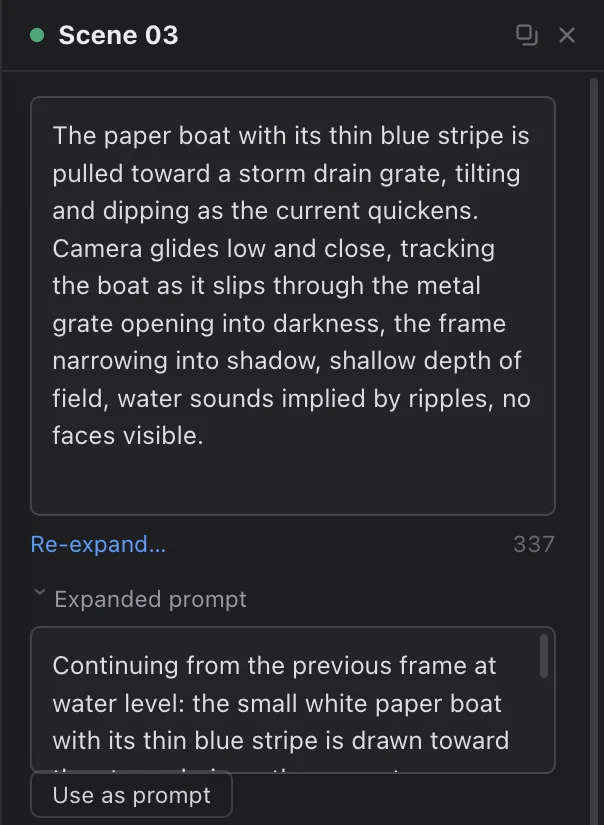 Scene 3's prompt, with the director's expanded prompt below it and a Use as prompt button.