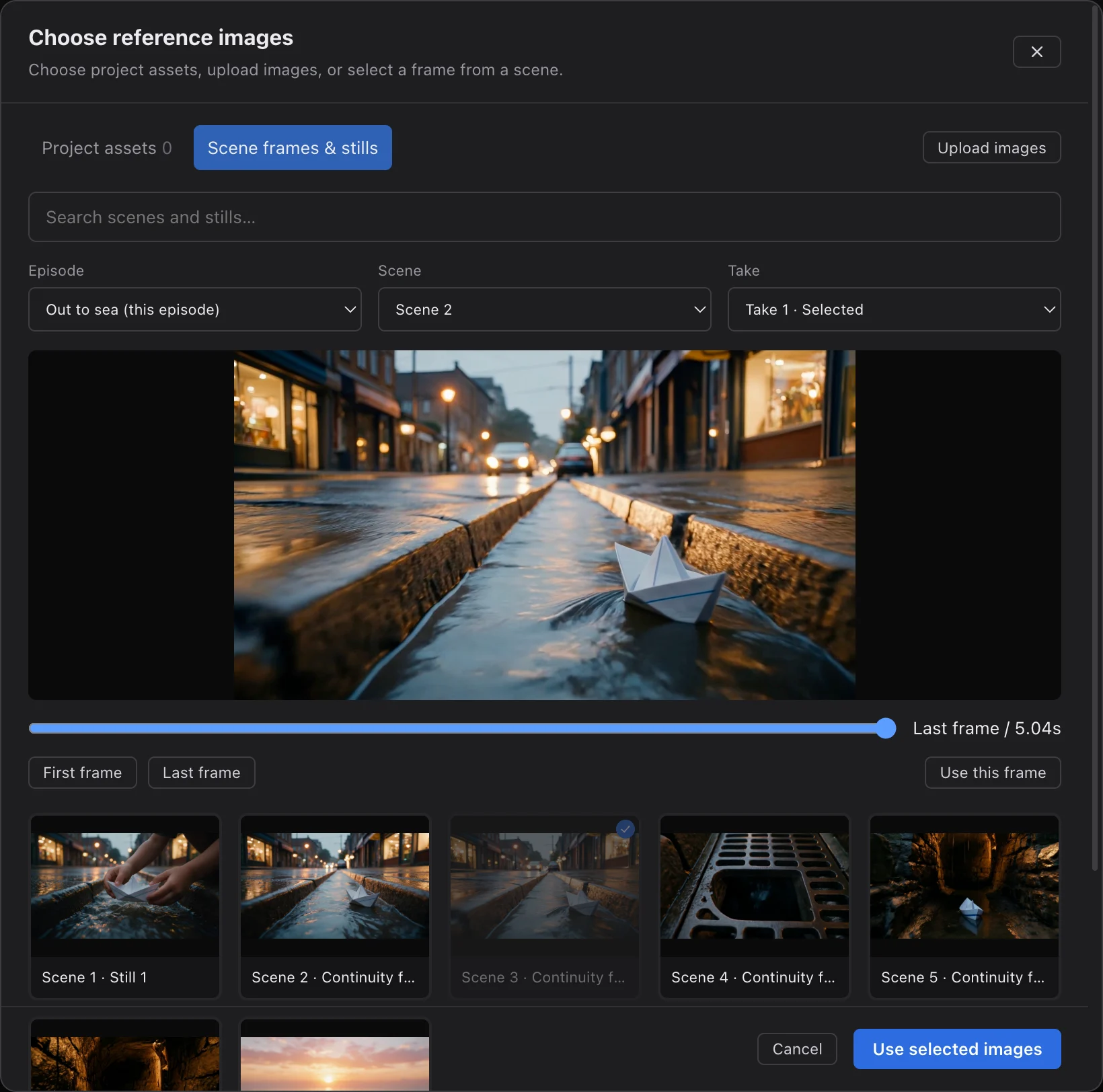Choose reference images: scene 2's take scrubbed to its last frame, with every scene's continuity frames and stills below.