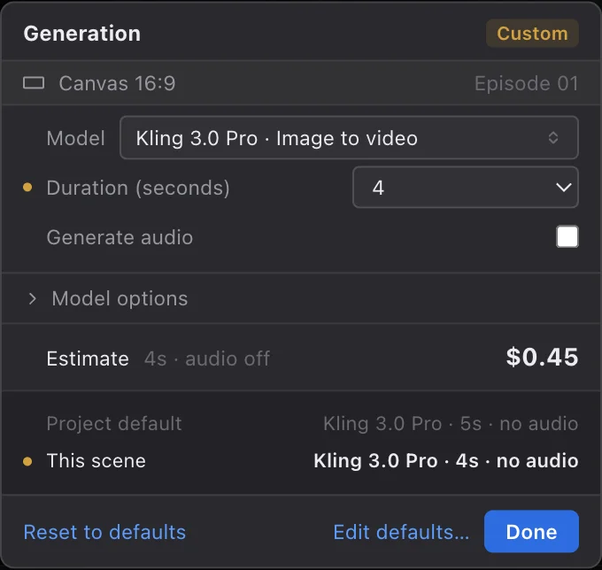 The Generation popover: canvas 16:9, Kling 3.0 Pro image to video, 4 seconds, audio off, the estimate, and the project default compared with this scene.